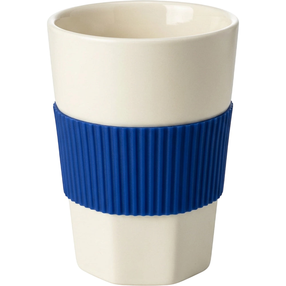Gbwkn Six-Facet Ceramic Water Cup with Silicone Grip Sleeve 14 oz Ivory Cobalt - Product view