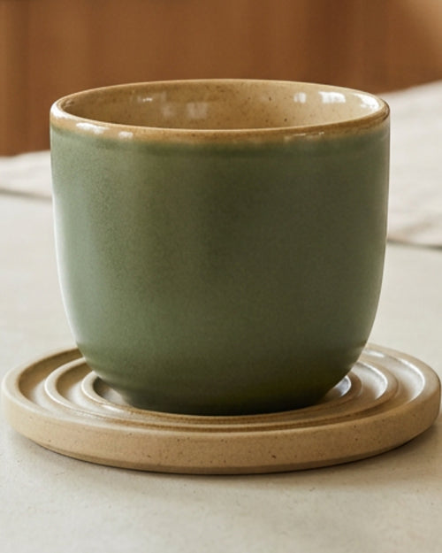 Gbwkn Wide-Rim Ceramic Water Cup with Grooved Coaster 11 oz Moss Sand - Lifestyle view