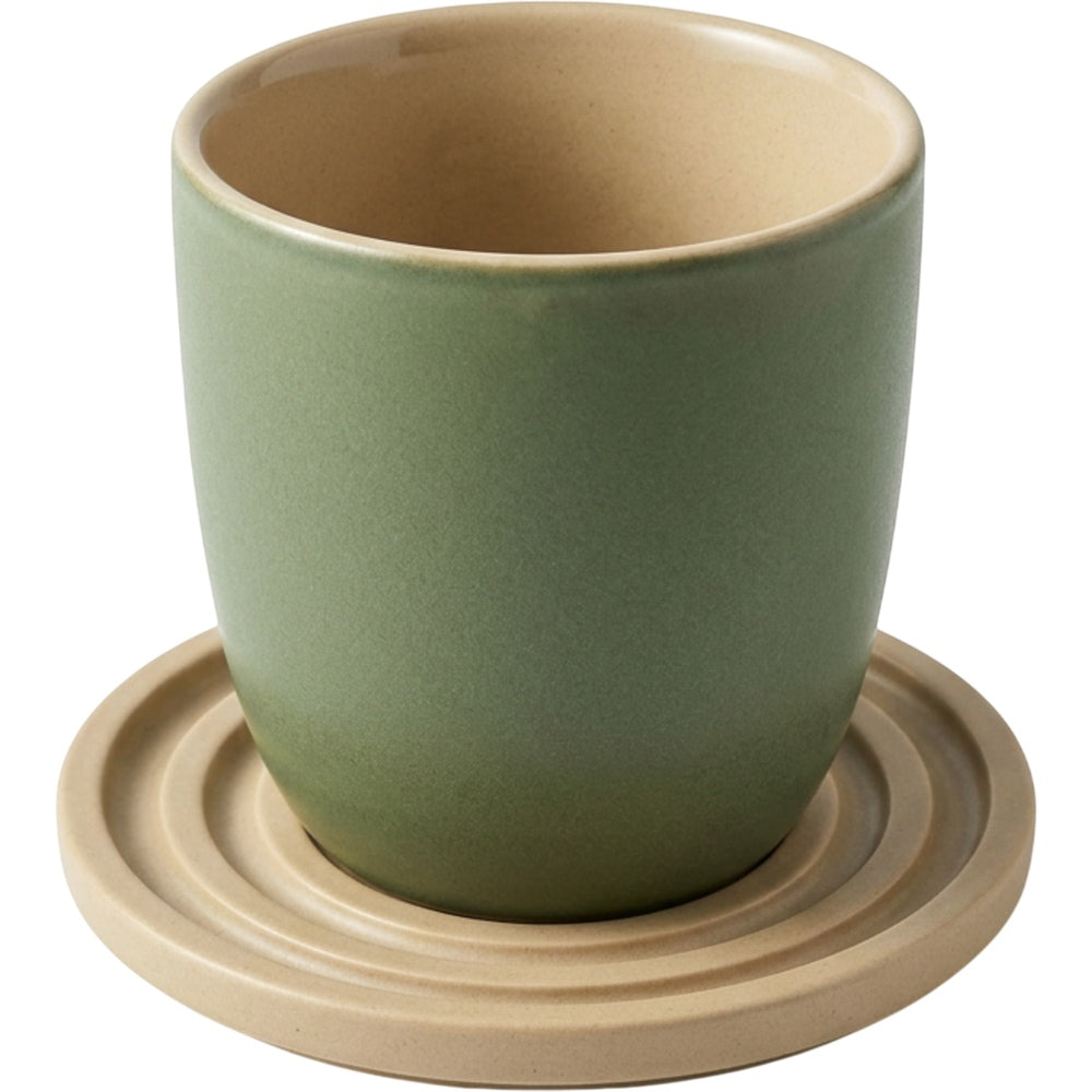 Gbwkn Wide-Rim Ceramic Water Cup with Grooved Coaster 11 oz Moss Sand - Product view