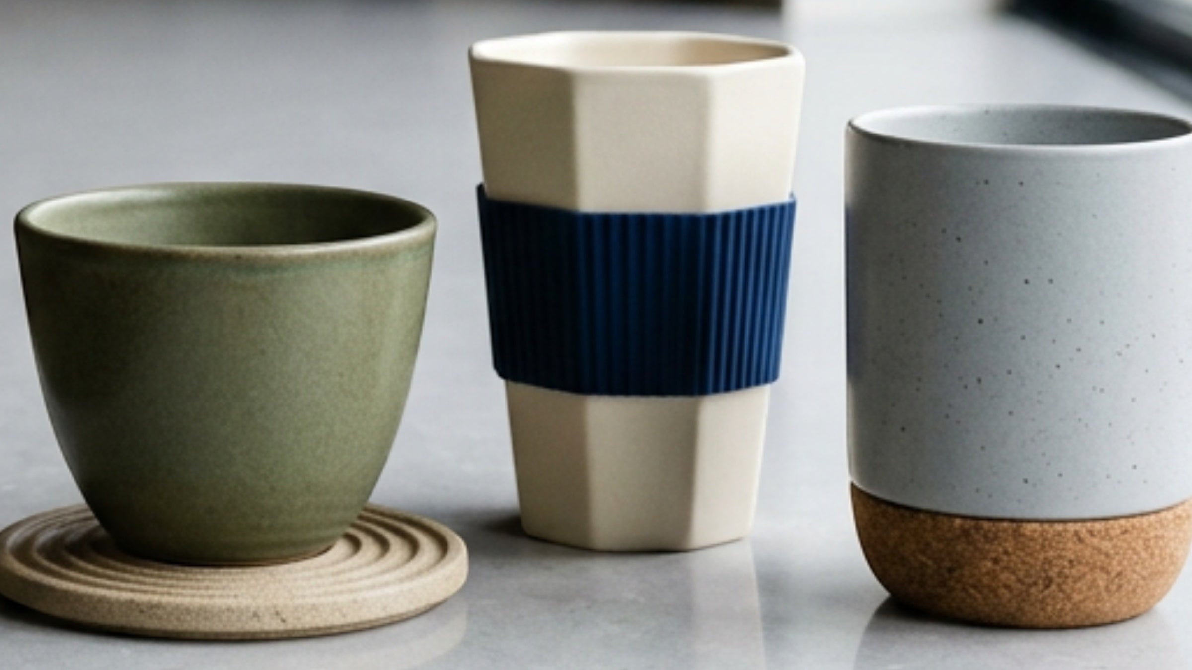 Gbwkn Ceramic Water Cups, Handleless Drinking Cups, and Cup-and-Coaster Sets